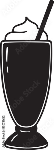 Chocolate milkshake with whipped cream and straw simple vector illustration