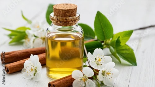 A bottle of golden liquid surrounded by cinnamon sticks and cherry blossoms on a white wooden surface