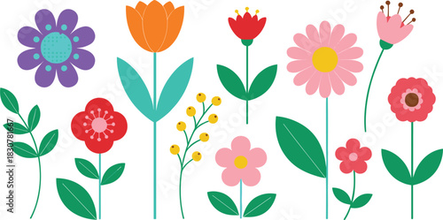 Set of Colorful Simple Flowers Vector Illustrations, Featuring Tulips, Daisies, and Various Blooms with Leaves in a Cute Flat and Minimalist Design Style.