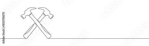 A continuous one-line drawing of two crossed hammers, symbolizing construction, teamwork, and hard work