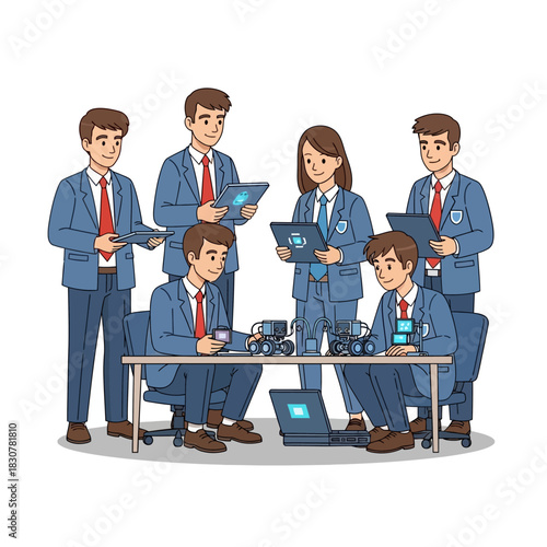 Diligent high school students in uniforms actively engaged in collaborative technology and robotics projects, utilizing laptops and tablets for innovative learning and problem-solving