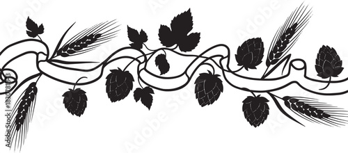 Decorative Border with Hops and Wheat in Black and White Illustration