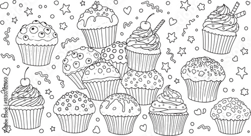 Delicious Cupcakes Assortment in Black and White Outline Style Doodles