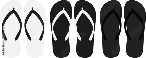 Flip-flop footwear vector illustration, five pairs in row, color variation comparison, casual summer shoes, minimalist design, fashion concept