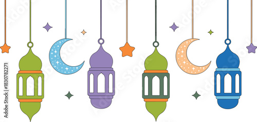 Minimalist Islamic Lantern Vector Illustration Set with Hanging Crescent Moons and Stars for Simple Ramadan, Eid, and Holy Night Decoration Banners.