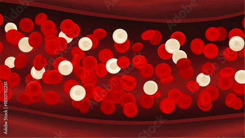 Red and White Blood Cells Flowing in Blood Vessel - Human Circulation  Immune System Illustration