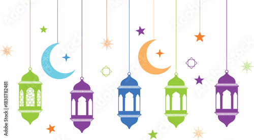 Colorful Modern Islamic Lantern Vector Silhouette Set Featuring Hanging Crescent Moons and Stars for Vibrant Ramadan, Eid Al-Fitr, and Festive Decoration.