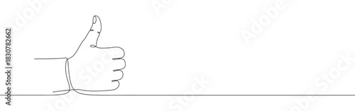 A continuous one-line drawing of a hand making a thumbs-up gesture, symbolizing approval or positivity, against a white background