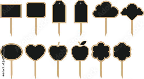 Set of Plant Marker Chalkboard Signs Vector Illustrations, Featuring Various Shapes like Apple, Heart, and Cloud for Gardening Labels, Tags, and Price Tags.