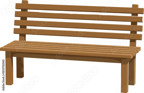 Simple Wooden Park Bench Vector Illustration, Featuring Slatted Seat and Backrest, Representing Outdoor Furniture, Relaxation, and Public Garden Seating.