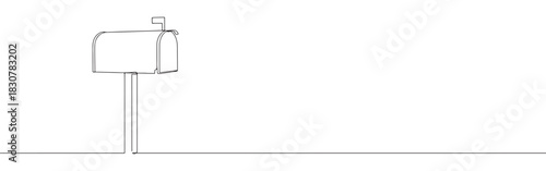 A continuous one-line drawing of a classic mailbox with its flag raised, set against a pristine white background