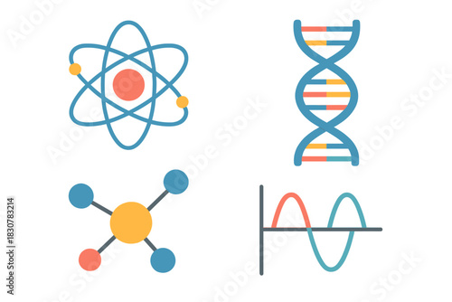 Atom structure DNA helix molecular model and wave graph scientific symbols set