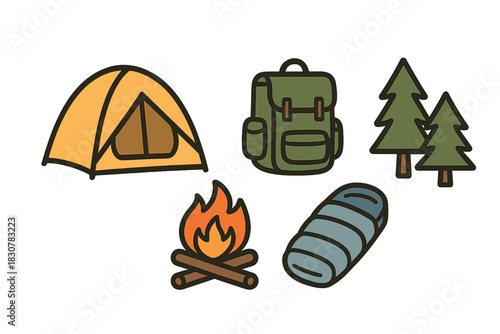 Essential outdoor camping equipment set featuring tent, backpack, sleeping bag, campfire, and pine trees