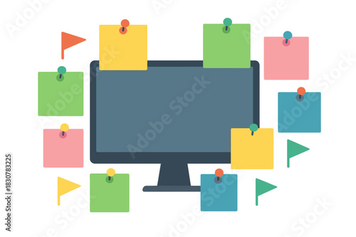 Desktop computer screen with multiple blank colorful adhesive notes and small flags for project organization