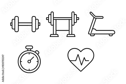 Minimalist outline symbols for gym workout, fitness, and health monitoring