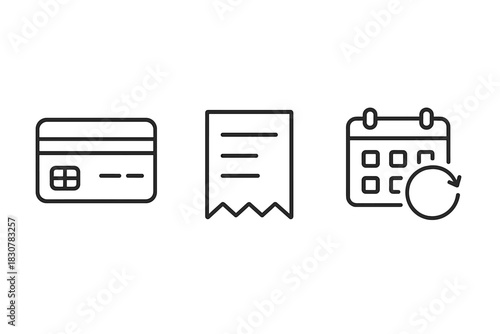 Financial transaction concepts including credit card, paper receipt, and recurring payment calendar