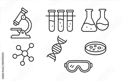 Essential laboratory equipment and scientific research symbols including microscope test tubes and DNA structure