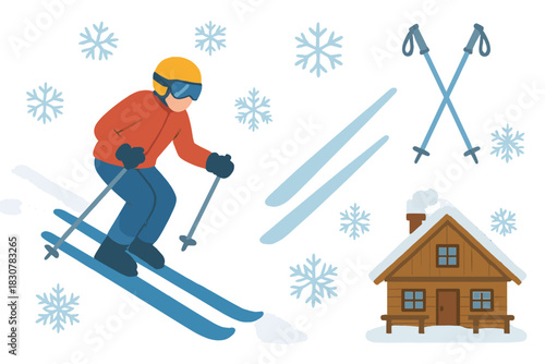 A person skiing downhill on a snowy mountain slope near a cozy wooden cabin during winter sports season