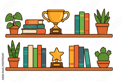 Colorful bookshelves filled with books, golden achievement awards, and potted houseplants