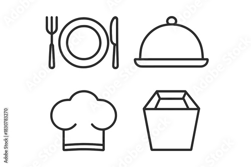 Minimalist outline set of cutlery, plate, serving cloche, chef cap, and takeout container