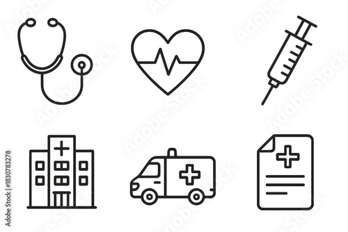 Essential medical equipment and emergency services concepts in outline style
