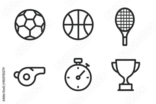 Minimalist black line icons set representing sports equipment, competition, and athletic activity