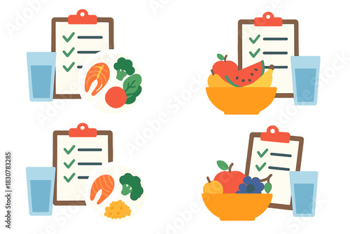 Set of icons illustrating balanced nutrition, meal planning, food portions, and diet checklist