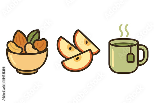 Healthy breakfast or snack icons: bowl of mixed nuts, sliced apples, and steaming cup of green tea