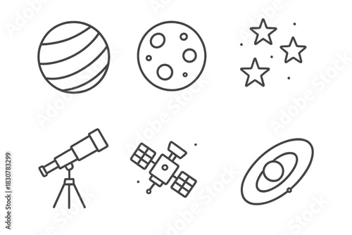 Outline symbols of space and astronomy: planets, stars, telescope, and satellite