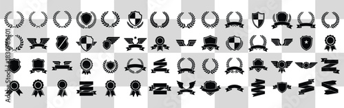 Collection of laurel wreaths shields ribbons and awards in black silhouette for graphic design