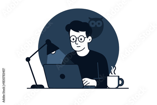Dedicated worker using a laptop late at night illuminated by a desk lamp and drinking coffee