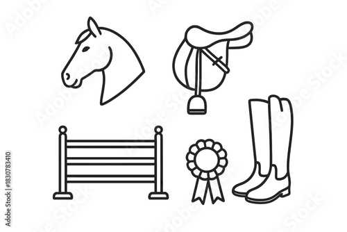 Equestrian sport gear and competition elements including horse head, saddle, boots, fence, and award rosette