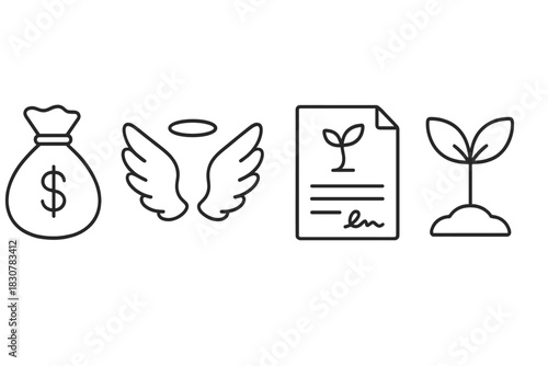 Angel investor funding symbols including money bag, wings, contract, and growing plant