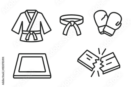 Martial arts and combat sports icons set featuring gi uniform, belt, boxing gloves, mat, and broken board