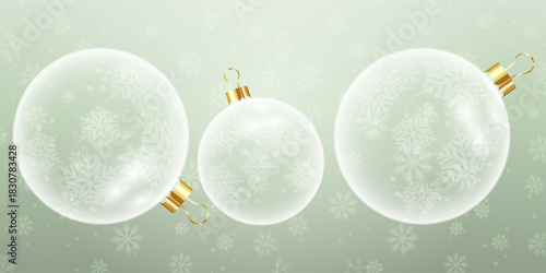Crystal Christmas Baubles on Light Green Snowy Background Perfect for Winter, Holiday Themes, and Festive Layouts. Vector Ilustration