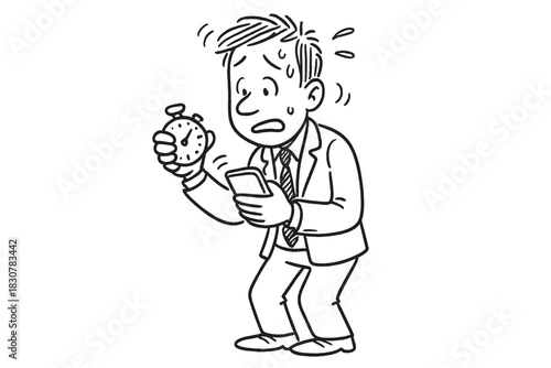 Stressed worker holding stopwatch and mobile phone dealing with time pressure