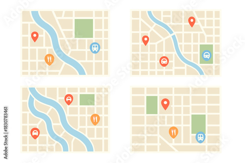 Collection of four stylized city maps with navigation routes and colorful location pins