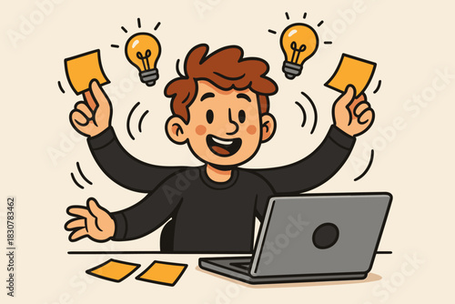 Enthusiastic person celebrating successful brainstorming session with new ideas