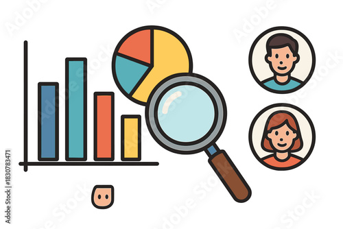Market research and customer profiling analysis with data charts and magnifying glass icon