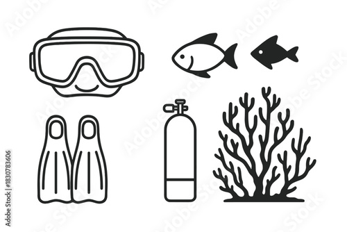 Scuba diving equipment and marine elements including mask, fins, oxygen tank, fish, and coral