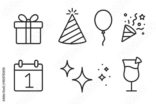 Simple black line symbols representing essential elements of celebration and party events