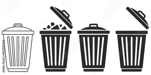 Four trash cans in a row with open and closed lids