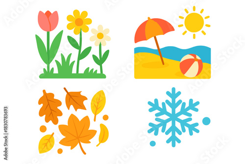 Flat design icons representing the four seasons: spring, summer, autumn, and winter