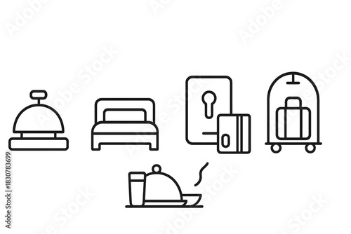 Minimal outline icons set for hotel amenities including reception bell, bed, key card, luggage, and room service