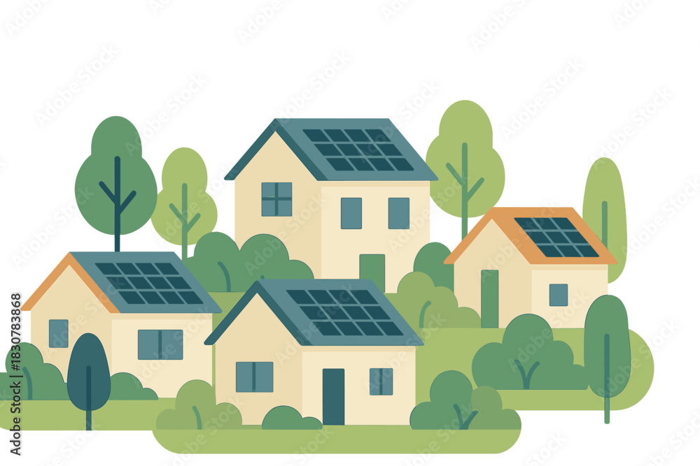 Naklejka premium Residential community of eco-friendly homes equipped with renewable solar energy panels and lush trees