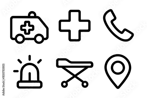 Ambulance, medical cross, emergency phone, siren, stretcher, and location pin for essential services