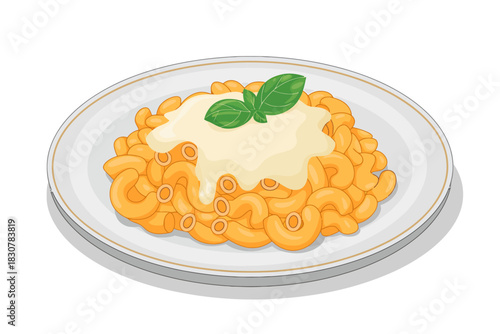Delicious mac and cheese with creamy sauce and basil illustration