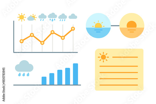 Detailed set of weather forecast and climate data visualization charts and icons
