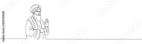 Continuous one thin smooth line simple minimalistic drawing of Guru Nanak Dev Ji on a white background