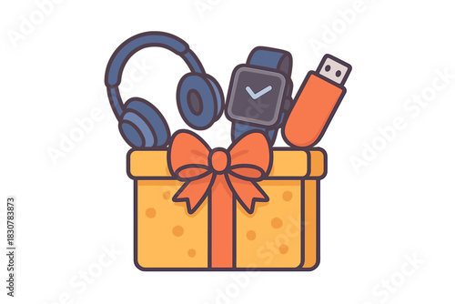 Wrapped gift box filled with modern technology accessories like headphones and a smartwatch